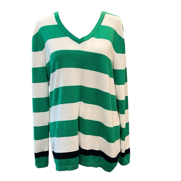 TOMMY HILFIGER V-neck Sweater Green White Striped Women's Large Academia Preppy - Picture 1 of 12